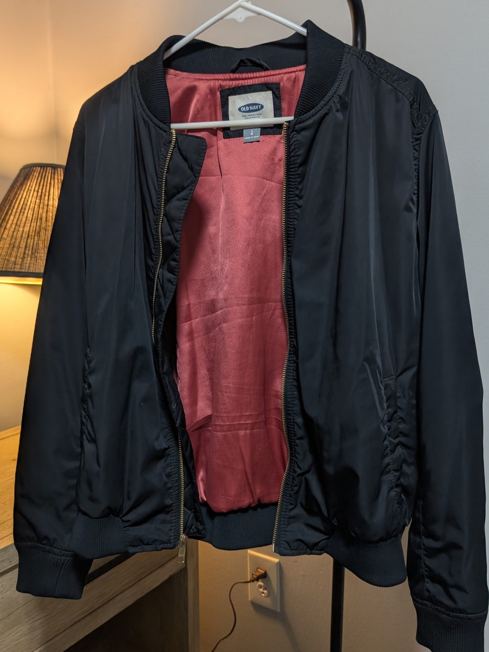 Old Navy Black Bomber Jacket with Rose-Pink Lining